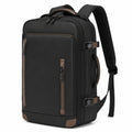 Reiserucksack 50 x 33 x 20 cm aus schwarzem Textilgewebe mit braunen Akzenten und Mehrfachf?chern
