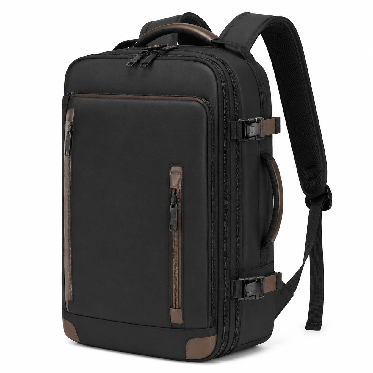 Reiserucksack 50 x 33 x 20 cm aus schwarzem Textilgewebe mit braunen Akzenten und Mehrfachf?chern