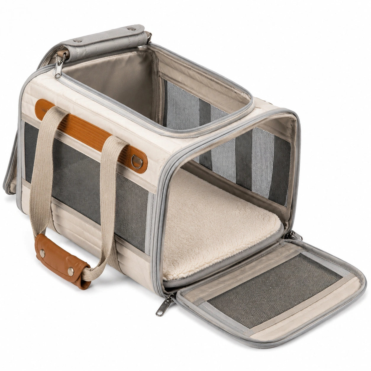 Haustier-Transporttasche 45 ¡Á 28 ¡Á 30 cm aus Textil in Beige Grau mit Netzfenstern und Tragegriffen