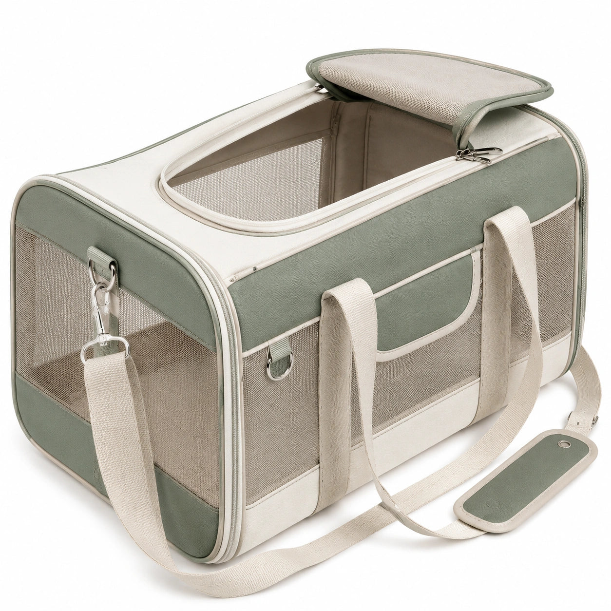 Tiertransporttasche 45 x 28 x 30 cm Textil Salbeigr¨¹n Cremewei? mit Netzfenstern