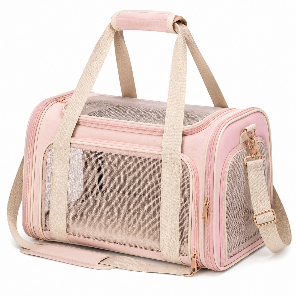 Haustier-Transporttasche 45 x 28 x 30 cm aus Textil in Rosa mit Netzfenstern und Schultergurt