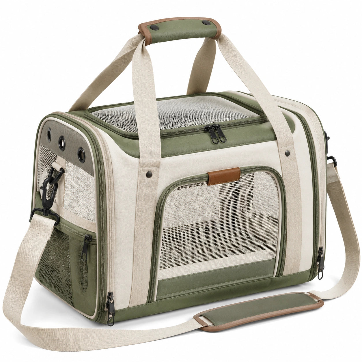Transporttasche f¨¹r Kleintiere 45 x 28 x 30 cm aus Textil in Gr¨¹n Beige mit Netzfenstern und Schultergurt