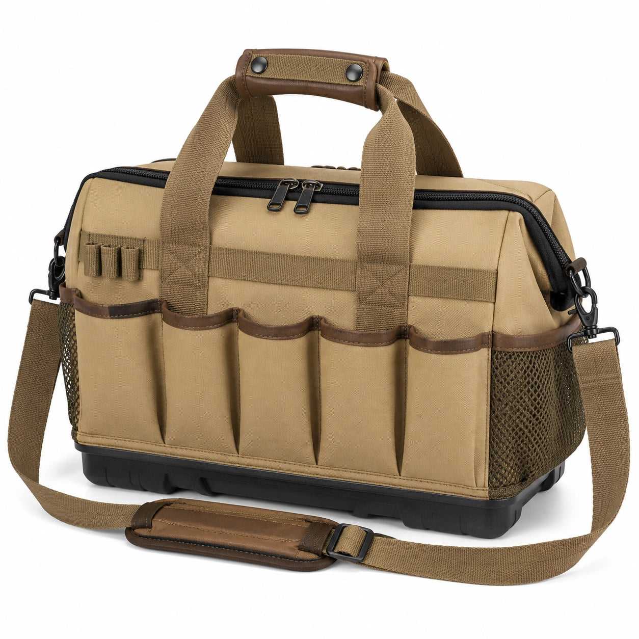 Werkzeugtasche 45 cm aus Polyester in Khaki mit Schultergurt und Au?enf?chern