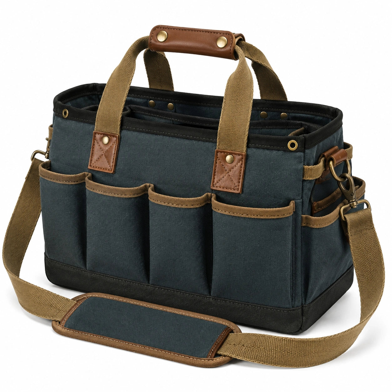 Werkzeugtasche 38 x 18 x 30 cm aus Textilgewebe Blau Braun mit Schultergurt und Au?enf?chern